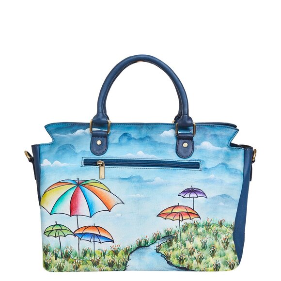 Leather Hand-Painted Women Blue Top Handle Tote Bag, Satchel Handbag, Crossbody - Picture 4 of 9